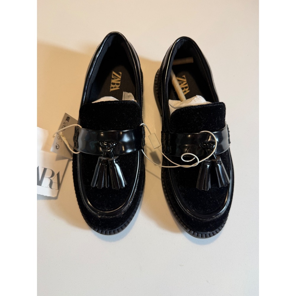 ZARA Tasseled Loafers Black Patent Velvet Kids Girls Size 12.5 / EU 30